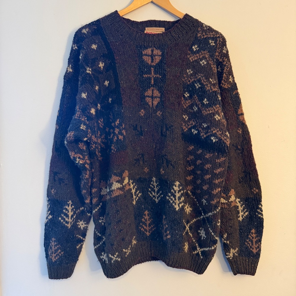 Adirondack by Savile Row Mens Hand Knit 100% Wool Sweater Brown Geometric M